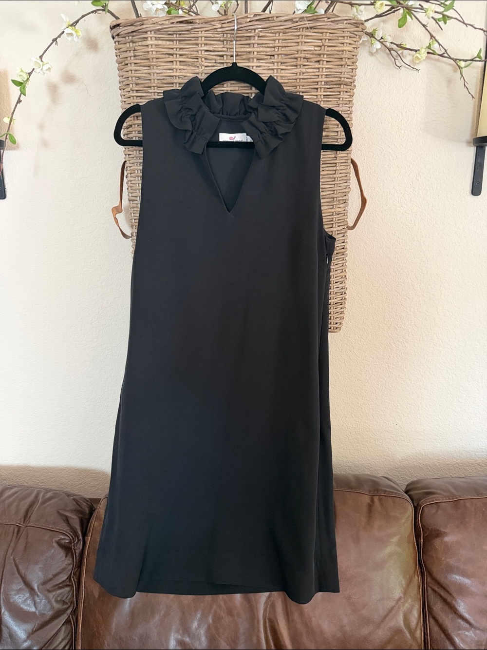 Vineyard Vines Black Ruffle Neck Sleeveless Mini Dress